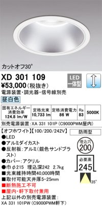 オーデリック　XD301109　ダウンライト 埋込穴φ200 電源装置・調光器・信号線別売 LED一体型 昼白色 高天井用 防雨型 オフホワイト