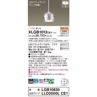 画像1: パナソニック　XLGB1012CE1(ランプ別梱)　ペンダントライト 吊下型 LED(電球色) ガラスセードタイプ・拡散タイプ・直付タイプ