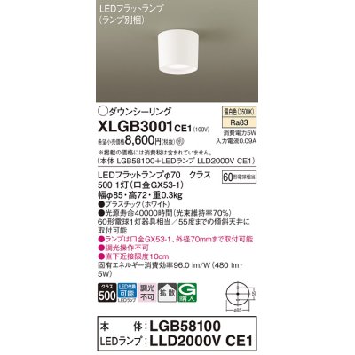 画像1: パナソニック　XLGB3001CE1(ランプ別梱)　ダウンシーリング LED(温白色) 天井直付型 拡散タイプ ホワイト