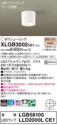 パナソニック　XLGB3002CE1(ランプ別梱)　ダウンシーリング LED(電球色) 天井直付型 拡散タイプ ホワイト