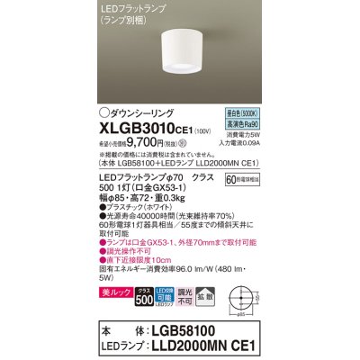 画像1: パナソニック　XLGB3010CE1(ランプ別梱)　ダウンシーリング LED(昼白色) 天井直付型 美ルック 拡散タイプ ホワイト