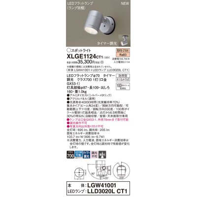 画像1: パナソニック XLGE1124CT1(ランプ別梱) スポットライト LED(電球色) 天井・壁直付型 屋外用 集光24度 LEDランプ交換型 パネル付型 防雨型 シルバーメタリック