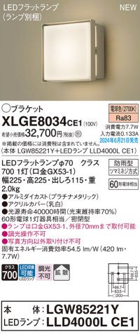 パナソニック XLGE8034CE1(ランプ別梱) ブラケット LED(電球色) 壁直付型 密閉型 拡散タイプ LEDランプ交換型 防雨型 プラチナメタリック
