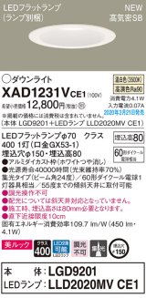 画像: パナソニック　XAD1231VCE1(ランプ別梱)　ダウンライト 天井埋込型 LED(温白色) 美ルック 高気密SB形 集光24度 埋込穴φ150 ホワイト