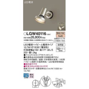 画像: パナソニック　LGW40116　エクステリア スポットライト ランプ同梱 LED(電球色) 天井直付型 壁直付型 電球交換型 防雨型 プラチナメタリック