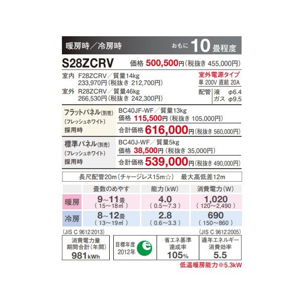 画像3: ダイキン 【S28ZCRV+フラットパネル】 ハウジングエアコン 10畳程度 天井埋込カセット シングルフロー CRシリーズ 給気換気 単200V (S28YCRVの後継品) [♪▲] (3)