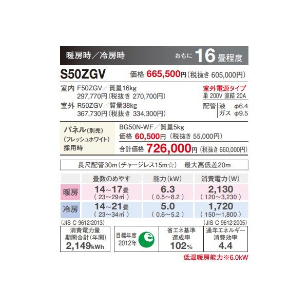 ダイキン 【S50ZGV+パネル】 ハウジングエアコン 16畳程度 天井埋込 