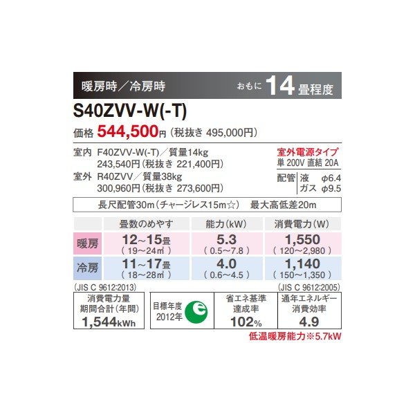 画像2: ダイキン　S40ZVV　ハウジングエアコン 14畳程度 床置形 Vシリーズ ホワイト 単200V (S40RVVの後継品) [♭♪▲] (2)