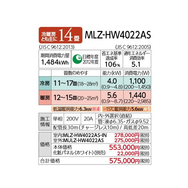 画像4: 三菱 【MLZ-HW4022AS＋化粧パネル】 ハウジングエアコン 2方向天井カセット ズバ暖 HWシリーズ 14畳程度 単相200V 寒冷地仕様 [♪■] (4)