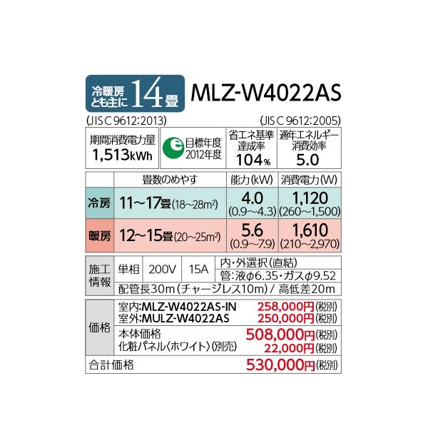 画像4: 三菱 【MLZ-W4022AS＋化粧パネル】 ハウジングエアコン 2方向天井カセット形 Wシリーズ 14畳程度 単相200V [♪Å] (4)