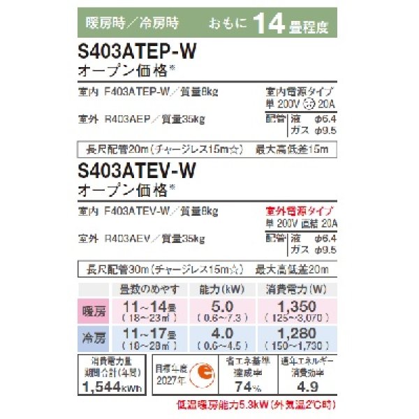 画像3: ダイキン　S403ATEP-W　エアコン 14畳 ルームエアコン Eシリーズ 単相200V 20A 14畳程度 ホワイト (S40ZTEP-Wの後継品) [♪] (3)