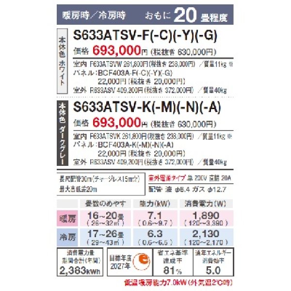 画像3: ダイキン　S633ATSV-K　エアコン 20畳 ルームエアコン SXシリーズ risora 室外電源 単相200V 直結20A 20畳程度 ブラックウッド (S63ZTSXV-Kの後継品) [♪▲] (3)