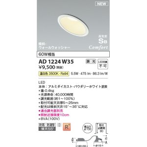 画像: コイズミ照明 AD1224W35 ダウンライト 埋込穴φ100 調光 調光器別売 LED一体型 温白色 高気密SB形 傾斜・ウォールウォッシャー 防雨・防湿型 パウダリーホワイト