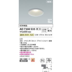 画像: コイズミ照明 AD7300S35 ダウンライト 埋込穴φ100 調光 調光器別売 LED一体型 温白色 高気密SB形 ベース 散光 防雨・防湿型 ブライトシルバー