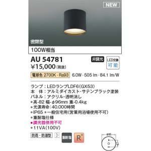 画像: コイズミ照明 AU54781 シーリング 非調光 LED 電球色 密閉型 防雨・防湿型 サテンブラック
