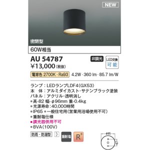 画像: コイズミ照明 AU54787 シーリング 非調光 LED 電球色 密閉型 防雨・防湿型 サテンブラック