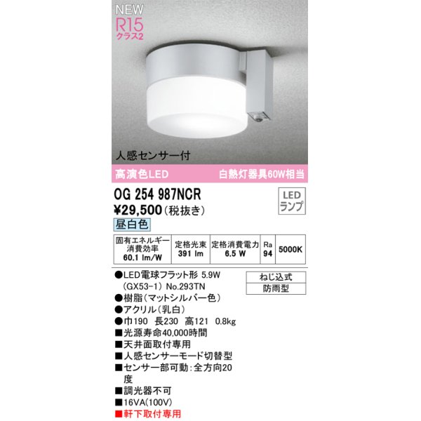 画像1: オーデリック OG254987NCR(ランプ別梱) エクステリア ポーチライト LEDランプ 昼白色 高演色LED 人感センサー付 防雨型 マットシルバー (1)