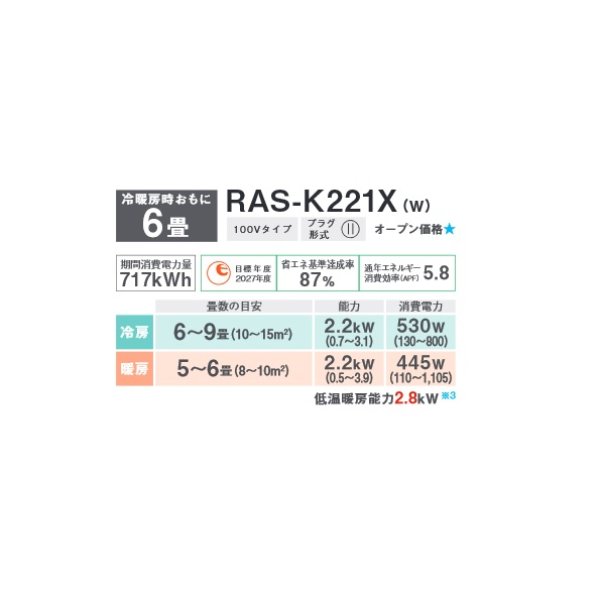 画像3: 東芝 RAS-K221X(W) エアコン 6畳用 ルームエアコン K-Xシリーズ 大清快 単相100 6畳程度 ホワイト (3)