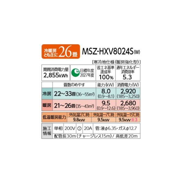 画像2: 三菱 MSZ-HXV8024S(W) エアコン 26畳 ルームエアコン HXVシリーズ ズバ暖 寒冷地 単相200V/20A 26畳程度 ピュアホワイト (MSZ-HXV8023S-Wの後継) [♪] (2)