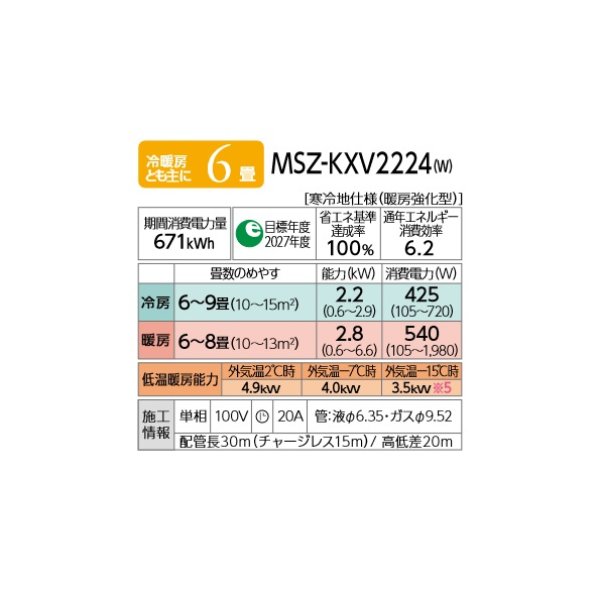 画像2: 三菱 MSZ-KXV2224(W) エアコン 6畳 ルームエアコン KXVシリーズ ズバ暖 寒冷地 単相100V/20A 6畳程度 ピュアホワイト (MSZ-KXV2223-Wの後継) [♪] (2)