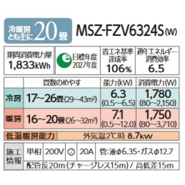画像2: 三菱 MSZ-FZV6324S(W) エアコン 20畳 ルームエアコン FZシリーズ 単相200V/20A 20畳程度 ピュアホワイト (MSZ-FZV6322S 後継品) [♪] (2)