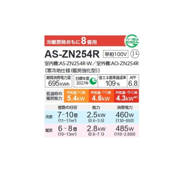画像2: 富士通 AS-ZN254R エアコン 8畳 ルームエアコン ノクリア ZNシリーズ ゴク暖 寒冷地仕様 単相 100V 8畳程度 (AS-ZN253N の後継品) (2)