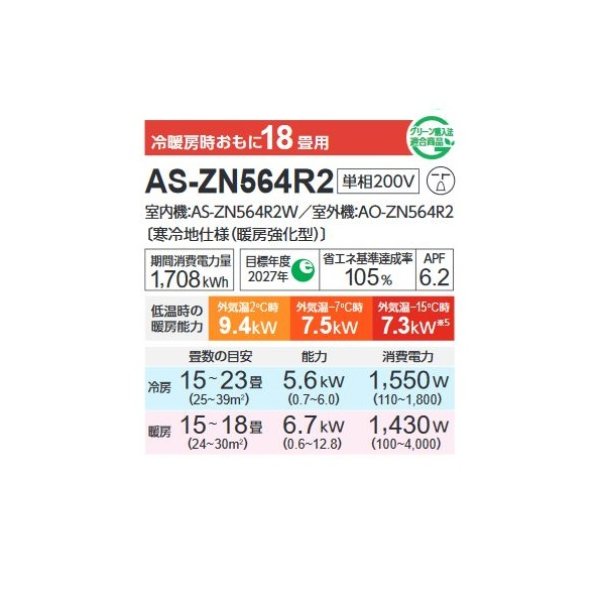 画像2: 富士通 AS-ZN564R2 エアコン 18畳 ルームエアコン ノクリア ZNシリーズ ゴク暖 寒冷地仕様 単相 200V 18畳程度 (AS-ZN563N2 の後継品) (2)