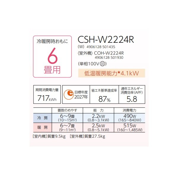 画像2: コロナ CSH-W2224R(W) ルームエアコン ReLaLa Wシリーズ 単相100V 6畳用 (2)