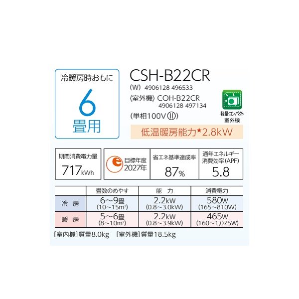 画像3: コロナ CSH-B22CR(W) ルームエアコン ReLaLa Bシリーズ 単相100V アクアドロップ洗浄Lite 6畳用 (3)