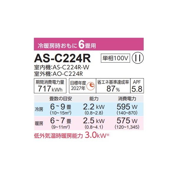 画像2: 富士通 AS-C224R エアコン 6畳 ルームエアコン Cシリーズ ノクリア 単相100V 6畳程度 ホワイト (AS-C223Nの後継品) (2)