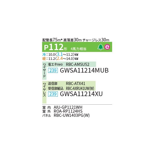 画像2: 日本キヤリア/旧東芝 GWSA11214MUB 業務用エアコン 天井カセット形 2方向吹出し スーパーパワーエコゴールド シングル P112 4馬力 三相200V ワイヤード ♭♪∀ (2)
