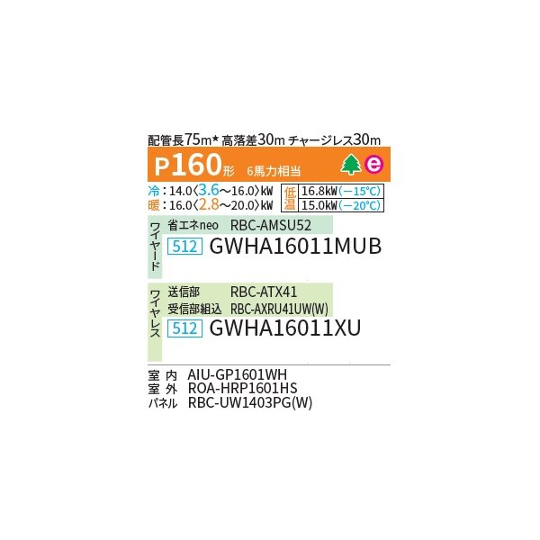 画像2: 日本キヤリア/旧東芝 GWHA16011XU 業務用エアコン 天井カセット形 2方向吹出し スーパーパワーエコ暖太郎 シングル P160 6馬力 三相200V ワイヤレス ♪∀ (2)