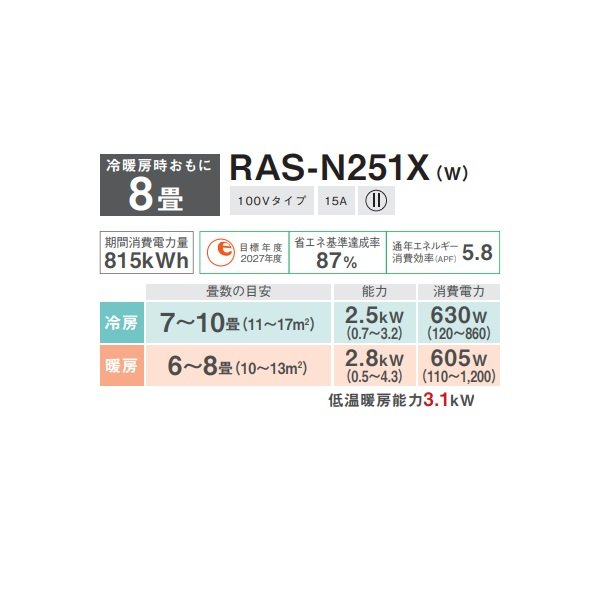 画像2: 日本キヤリア/旧東芝 RAS-N251X(W) エアコン8畳用 ルームエアコン N-Xシリーズ 大清快 単相100 8畳程度 ホワイト (RAS-K251X-W 後継品)♭ (2)