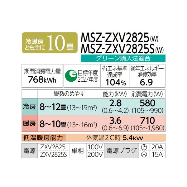 画像2: 三菱 MSZ-ZXV2825S(W) エアコン 10畳 ルームエアコン Zシリーズ 単相200V/15A 10畳程度 ピュアホワイト (MSZ-ZXV2824S-Wの後継品) ♪ (2)