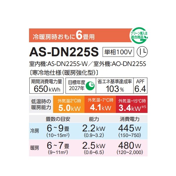 画像2: 富士通 AS-DN225S エアコン 6畳 ルームエアコン DNシリーズノクリア ゴク暖 寒冷地仕様 単相100V 6畳程度 ホワイト (AS-DN224Rの後継品) (2)