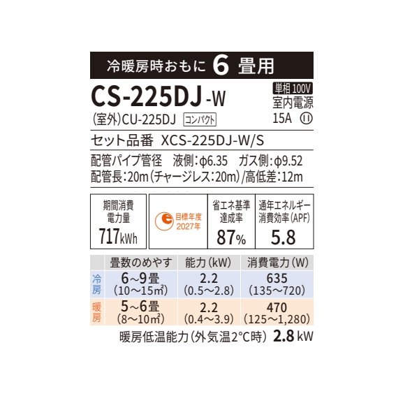 画像2: パナソニック CS-225DJ-W エアコン 6畳 ルームエアコン Jシリーズ ナノイーX 単相100V 6畳程度 クリスタルホワイト (CS-224DJ-Wの後継品) (2)