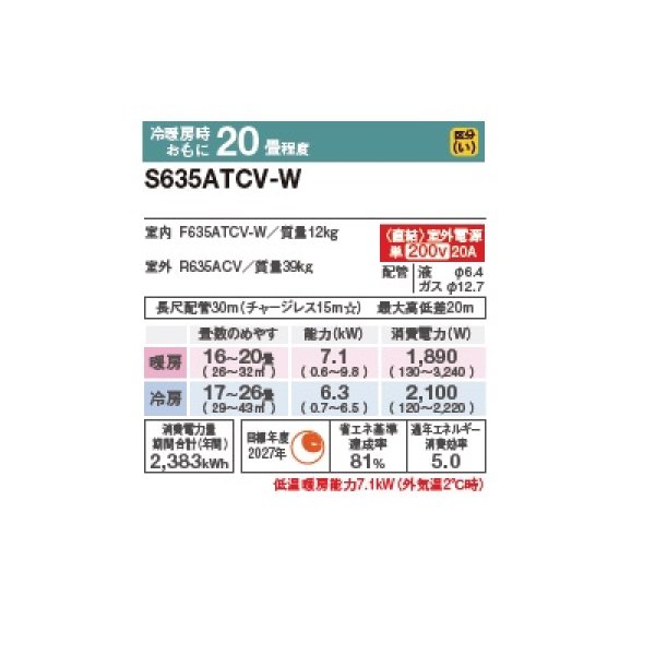 画像2: ダイキン S635ATCV-W エアコン 20畳 ルームエアコン CXシリーズ 室外電源タイプ 単相200V 20A 20畳程度 ホワイト (S634ATCV-W 後継品) ♪ (2)