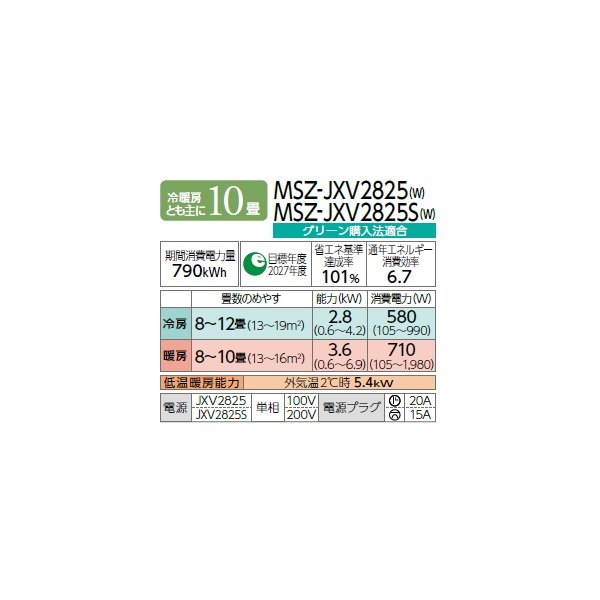 画像2: 三菱 MSZ-JXV2825S(W) エアコン 10畳 ルームエアコン JXVシリーズ 単相200V/15A 10畳程度 ピュアホワイト (MSZ-JXV2824S-Wの後継品) ♪ (2)