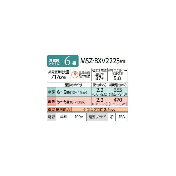画像2: 三菱 MSZ-BXV2225(W) エアコン 6畳 ルームエアコン BXVシリーズ 単相100V/15A 6畳程度 ピュアホワイト (MSZ-BXV2224-Wの後継品) (2)