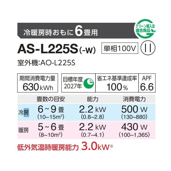 画像2: 富士通 AS-L225S エアコン 6畳 ルームエアコン Lシリーズ ノクリア 単相100V 6畳程度 ホワイト (2)