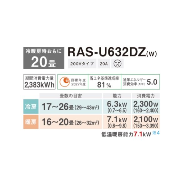 画像2: 日本キヤリア/旧東芝 RAS-U632DZ(W) エアコン 20畳 ルームエアコン U-DZシリーズ 大清快 単相200V 20畳程度 ホワイト (RAS-N632DZ(W)の後継品) (2)