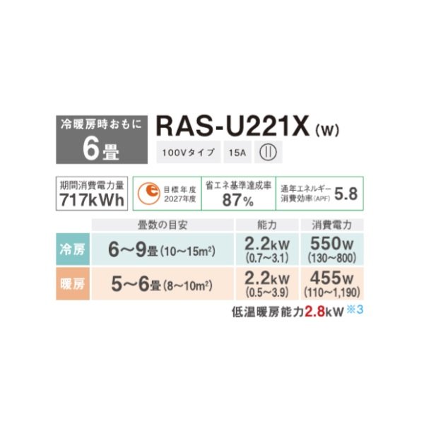 画像2: 日本キヤリア/旧東芝 RAS-U221X(W) エアコン 6畳 ルームエアコン U-Xシリーズ 大清快 単相100V 6畳程度 ホワイト (RAS-N221X(W)の後継品) (2)