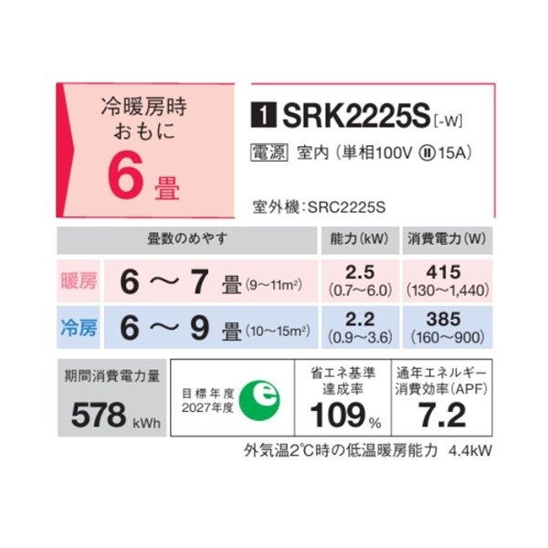 画像2: 三菱重工 SRK2225S-W エアコン 6畳 ルームエアコン Sシリーズ ビーバーエアコン 単相100V 15A 6畳程度 ファインスノー (SRK2224S-Wの後継品) ♪ (2)