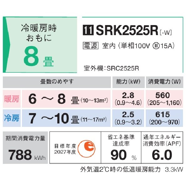 画像2: 三菱重工 SRK2525R-W エアコン 8畳 ルームエアコン Rシリーズ ビーバーエアコン 単相100V 15A 8畳程度 ファインスノー (SRK2524R-Wの後継品) ♪ (2)