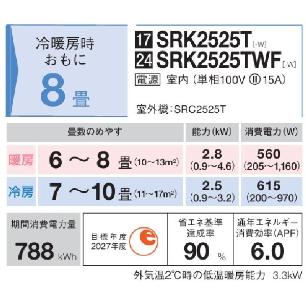 画像2: 三菱重工 SRK2525T-W エアコン 8畳 ルームエアコン Tシリーズ ビーバーエアコン 単相100V 15A 8畳程度 ファインスノー (SRK2524T-Wの後継品) ♪ (2)