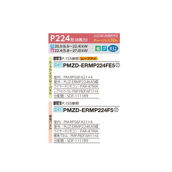 画像2: 三菱 PMZD-ERMP224FE5 業務用エアコン 1方向天井カセット スリムER 同時フォー P224形 8馬力 三相 200V ワイヤード ♪∀ (2)