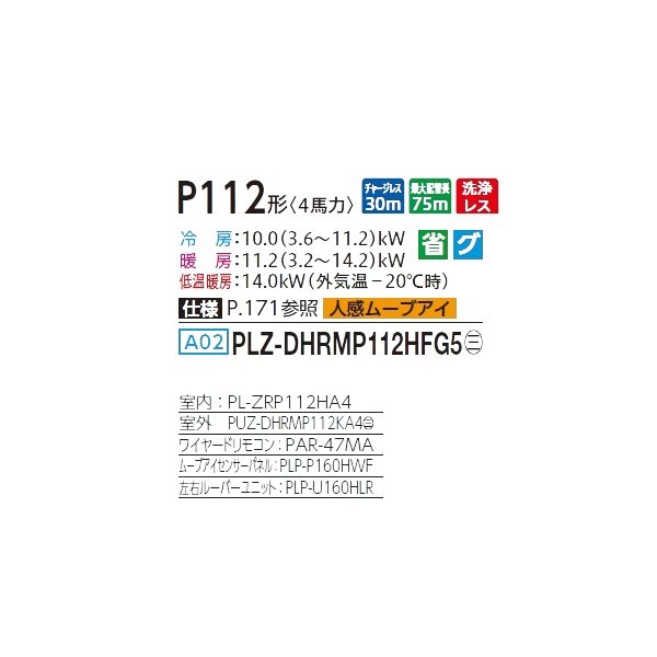 画像2: 三菱 PLZ-DHRMP112HFG5 業務用エアコン 4方向天井カセット i-スクエアタイプ ズバ暖スリム DHシリーズ 標準シングル P112形 4馬力 三相 200V ワイヤード ♪ (2)