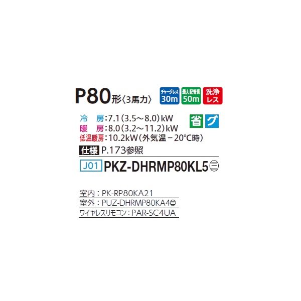 画像2: 三菱 PKZ-DHRMP80KL5 業務用エアコン 壁掛 ズバ暖スリム DHシリーズ 標準シングル P80形 3馬力 三相 200V ワイヤレス ♪ (2)