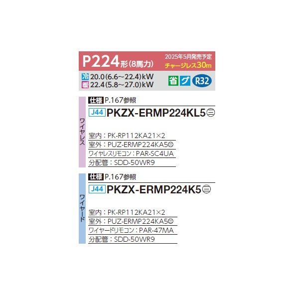 画像2: 三菱 PKZX-ERMP224KL5 業務用エアコン 壁掛 スリムER 同時ツイン P224形 8馬力 三相 200V ワイヤレス ♪∀ (2)