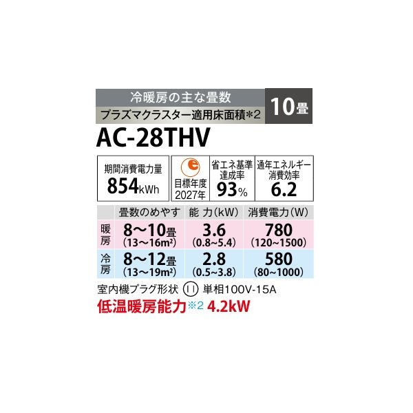 画像2: シャープ AC-28THV エアコン 10畳 ルームエアコン HVシリーズ プラズマクラスター 単相100V 10畳程度 ホワイト (AC-28PHVの後継品) (2)